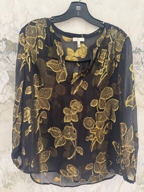 Joie Black Sheer Blouse with Gold Floral Embroidery